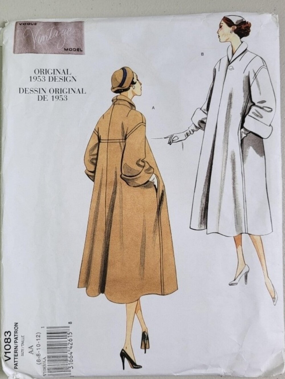Vogue V1083 Vintage Model 1953 Coat Sewing Pattern Uncut Size 6-12. Long Coat.